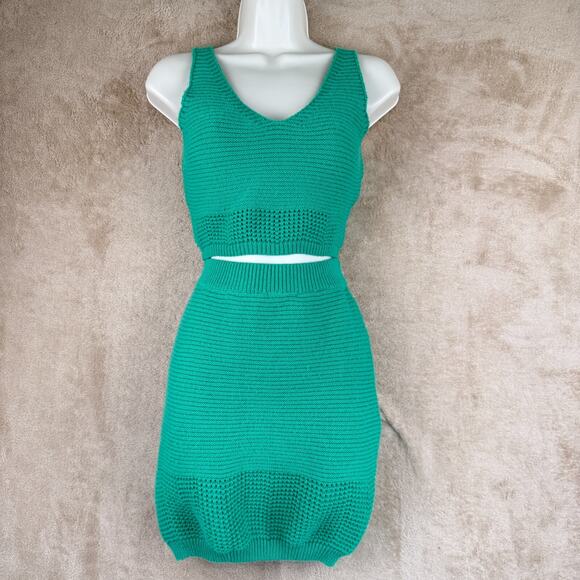 Crochet Skirt‎ & Vest Set Womens M Green Coastal Crop Top Summer Resortwear - Picture 1 of 13